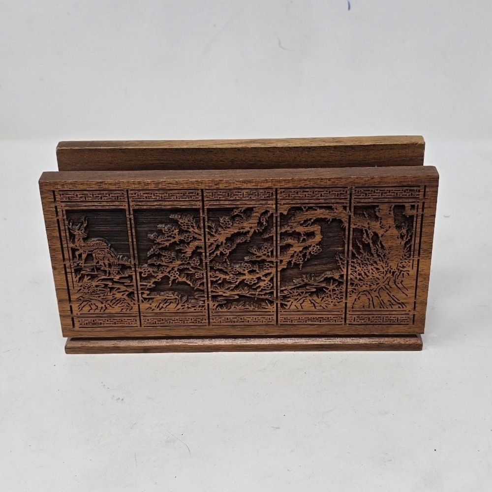 Vtg Lasercraft solid American walnut napkin holder engrave Asian mail caddy